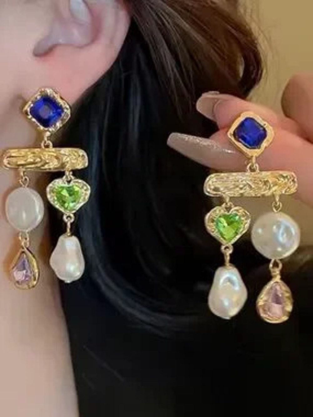 Gold-Tone Drop Earrings with Blue, Green, Pink Accents
